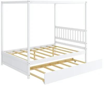 Full Size Canopy Bed with Trundle Wooden Platform Bed Frame Headboard