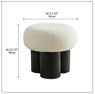 Beige mushroom stool, brown lamb wool seat, barrel PVC pipe with walnut veneer