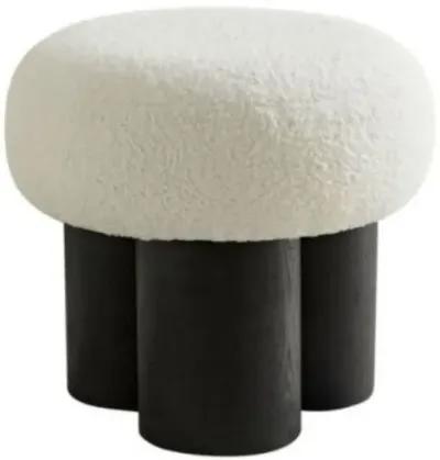 Beige mushroom stool, brown lamb wool seat, barrel PVC pipe with walnut veneer