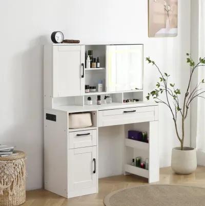 Lighted vanity table with mirror, drawers and stool