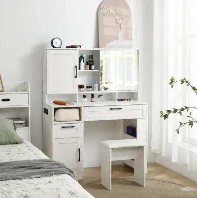 Lighted vanity table with mirror, drawers and stool