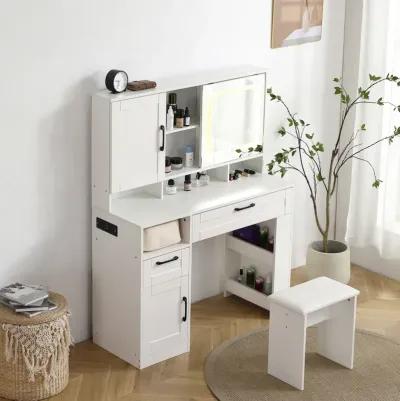 Lighted vanity table with mirror, drawers and stool