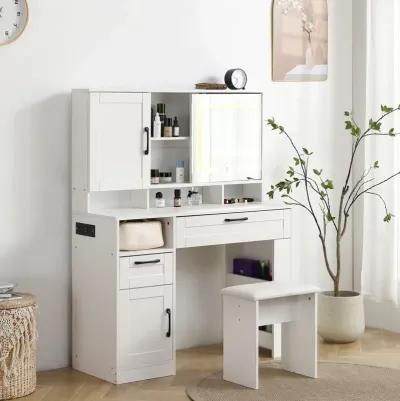 Lighted vanity table with mirror, drawers and stool