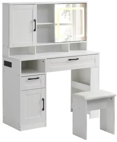 Lighted vanity table with mirror, drawers and stool