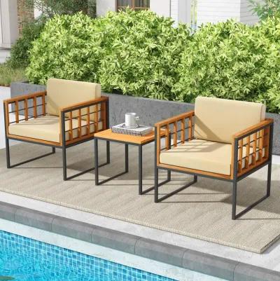 3 Pieces Patio Chair Set Acacia Wood Outdoor Sofa Set with Soft Cushions-Beige