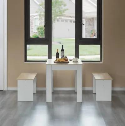 White Modern Wooden Dining Table with Two Benches, Three Piece Set, Writing Desk