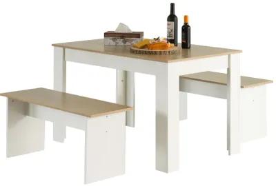 White Modern Wooden Dining Table with Two Benches, Three Piece Set, Writing Desk