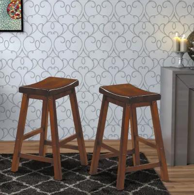 Wooden 24" Counter Height Stool with Saddle Seat, Distressed Cherry, Set Of 2-Benzara