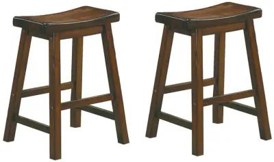 Wooden 24" Counter Height Stool with Saddle Seat, Distressed Cherry, Set Of 2-Benzara