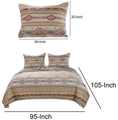 King Size 3 Piece Polyester Quilt Set with Kilim Pattern, Multicolor - Benzara