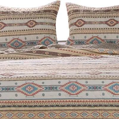 King Size 3 Piece Polyester Quilt Set with Kilim Pattern, Multicolor - Benzara