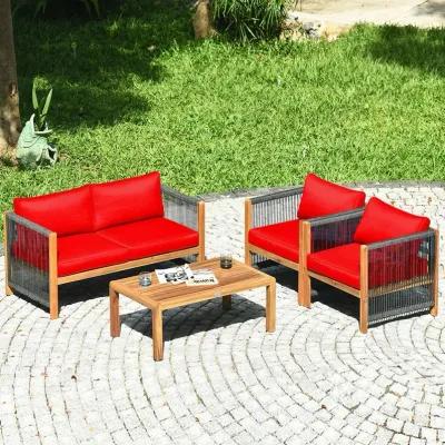 4 Pieces Acacia Wood Outdoor Patio Furniture Set with Cushions