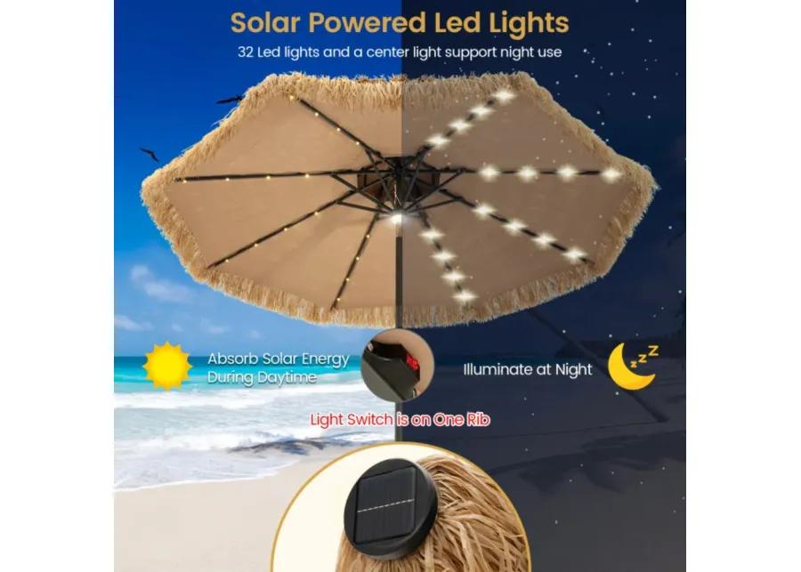 9 Feet Solar Powered Thatched Tiki Patio Umbrella with Led Lights.