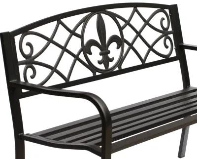 Outdoor Garden Patio Steel Park Bench Lawn Decor with Cast Iron Unique Design Back, Black Seating Bench for Yard, Patio, Garden, Balcony, and Deck