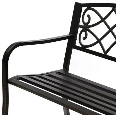 Outdoor Garden Patio Steel Park Bench Lawn Decor with Cast Iron Unique Design Back, Black Seating Bench for Yard, Patio, Garden, Balcony, and Deck