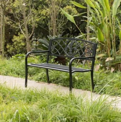 Outdoor Garden Patio Steel Park Bench Lawn Decor with Cast Iron Unique Design Back, Black Seating Bench for Yard, Patio, Garden, Balcony, and Deck