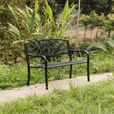 Outdoor Garden Patio Steel Park Bench Lawn Decor with Cast Iron Unique Design Back, Black Seating Bench for Yard, Patio, Garden, Balcony, and Deck