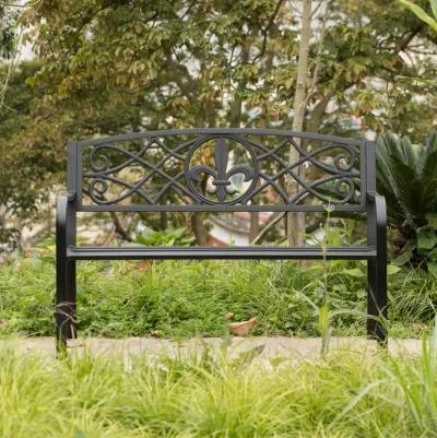 Outdoor Garden Patio Steel Park Bench Lawn Decor with Cast Iron Unique Design Back, Black Seating Bench for Yard, Patio, Garden, Balcony, and Deck