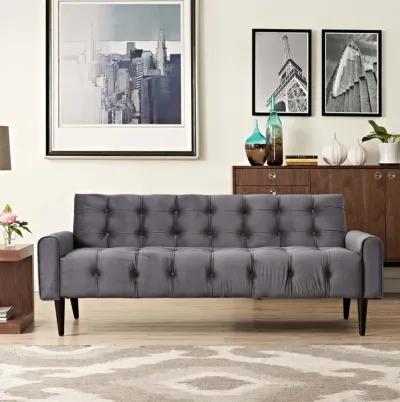 Delve Performance Velvet Sofa - Luxurious Stain-Resistant Upholstery, Tufted Buttons, Curved Armrests, Solid Wood Legs, Dense Foam Padding, Non-Marking Foot Glides - Gray