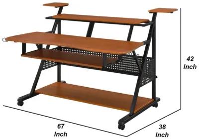 Gia 67 Inch Wood Music Desk Studio Station, Keyboard Tray Shelves, Walnut-Benzara