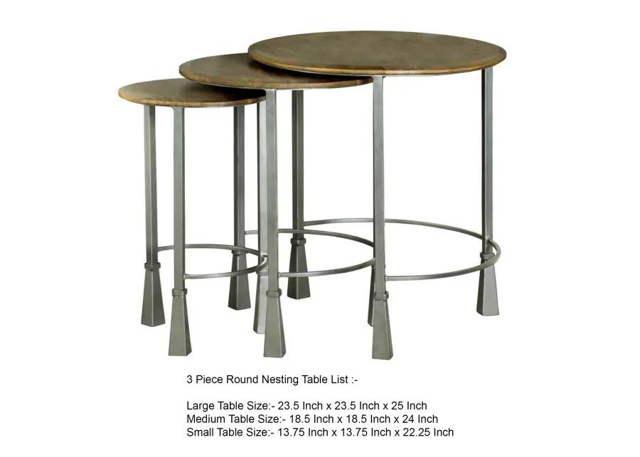 3 Piece Round Nesting End Table Set, Sleek Gray Iron Legs, Mango Brown Wood - Benzara