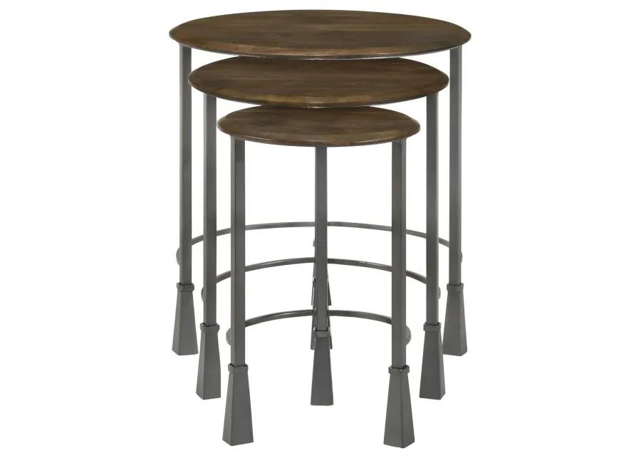 3 Piece Round Nesting End Table Set, Sleek Gray Iron Legs, Mango Brown Wood - Benzara