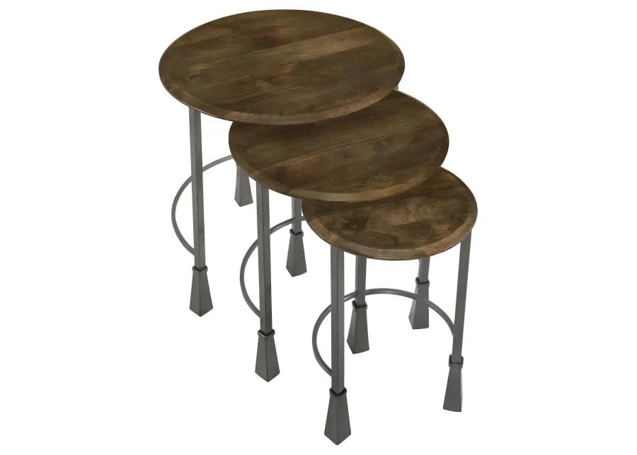 3 Piece Round Nesting End Table Set, Sleek Gray Iron Legs, Mango Brown Wood - Benzara