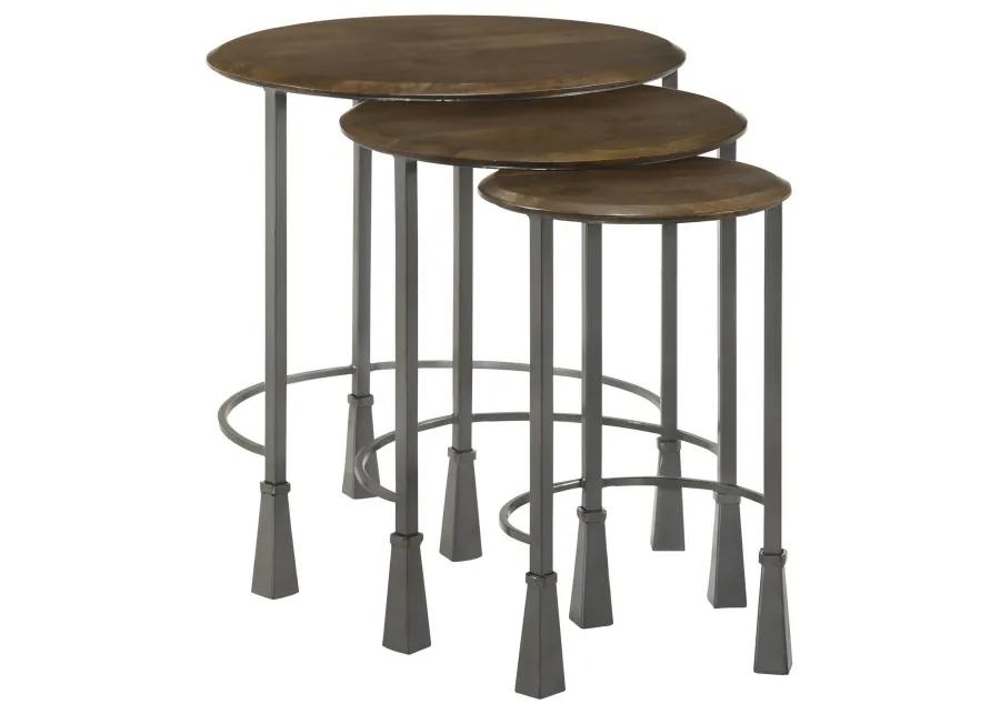 3 Piece Round Nesting End Table Set, Sleek Gray Iron Legs, Mango Brown Wood - Benzara