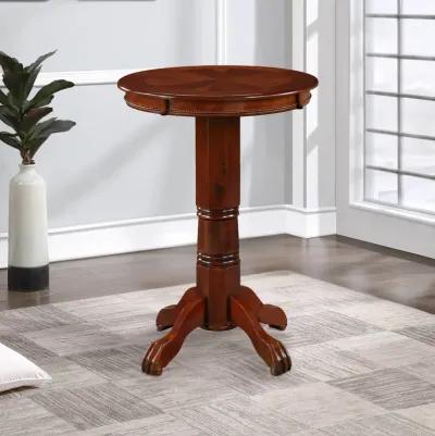 Ava 42 Inch Wood Pub Bar Table, Sunburst Design, Carved Pedestal, Dark Brown-Benzara