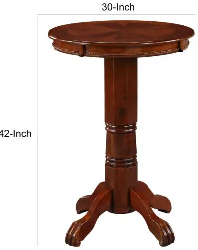 Ava 42 Inch Wood Pub Bar Table, Sunburst Design, Carved Pedestal, Dark Brown-Benzara