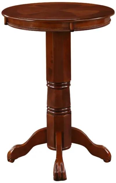 Ava 42 Inch Wood Pub Bar Table, Sunburst Design, Carved Pedestal, Dark Brown-Benzara