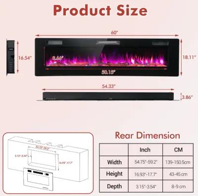 60-Inch Ultra-Thin Electric Fireplace with Remote Control and Timer Function for Modern Homes