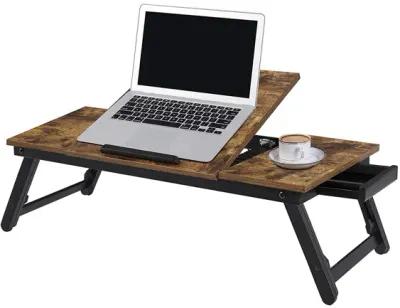 Rustic Dark Brown Laptop Desk - Adjustable Tilt Top, Folding Legs, and Drawer for Bed, Sofa, and Breakfast