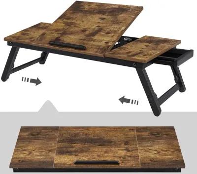 Rustic Dark Brown Laptop Desk - Adjustable Tilt Top, Folding Legs, and Drawer for Bed, Sofa, and Breakfast