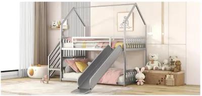 Twin Over Twin Metal Bunk Bed House Bed With Slide And Staircase, Silver