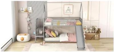 Twin Over Twin Metal Bunk Bed House Bed With Slide And Staircase, Silver