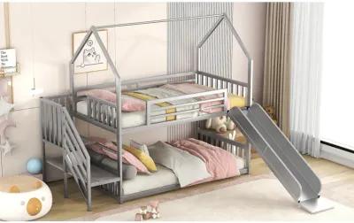 Twin Over Twin Metal Bunk Bed House Bed With Slide And Staircase, Silver