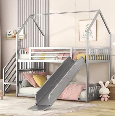 Twin Over Twin Metal Bunk Bed House Bed With Slide And Staircase, Silver