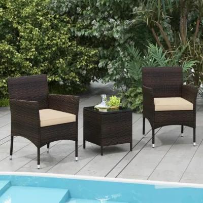 Hivvago 3 Pieces Outdoor Conversation Set with Cushioned Seat and Glass Tabletop