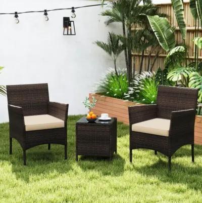 Hivvago 3 Pieces Outdoor Conversation Set with Cushioned Seat and Glass Tabletop