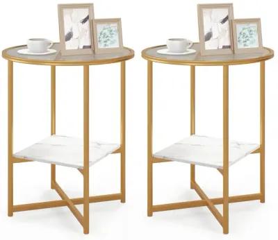 2-Tier Glass End Table Set of 2 with Faux Marble Storage Shelf - White