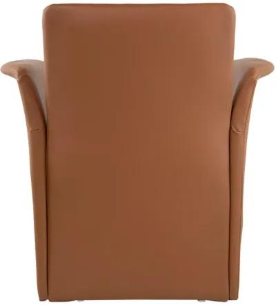 32 Inch Accent Chair, Curved, Extended Back, Caramel Brown Faux Leather - Benzara