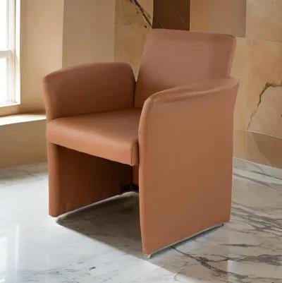 32 Inch Accent Chair, Curved, Extended Back, Caramel Brown Faux Leather - Benzara