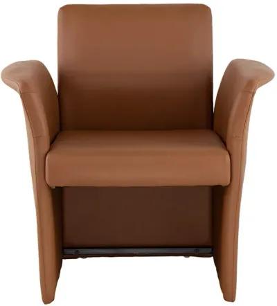 32 Inch Accent Chair, Curved, Extended Back, Caramel Brown Faux Leather - Benzara