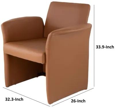 32 Inch Accent Chair, Curved, Extended Back, Caramel Brown Faux Leather - Benzara