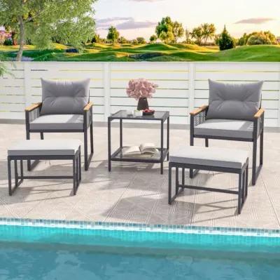 Hivvago 5 Piece Outdoor Rattan Conversation Set with 2-Layer Side Table and 2 Ottomans