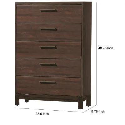 Wooden Chest with Five Drawers and Block Legs Support, Dark Brown-Benzara