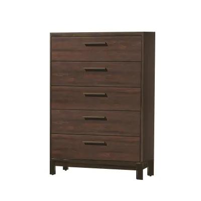 Wooden Chest with Five Drawers and Block Legs Support, Dark Brown-Benzara