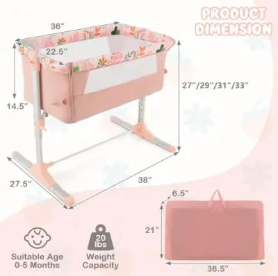 Folding Baby Bassinet Bedside Sleeper with 4 Adjustable Heights-Pink