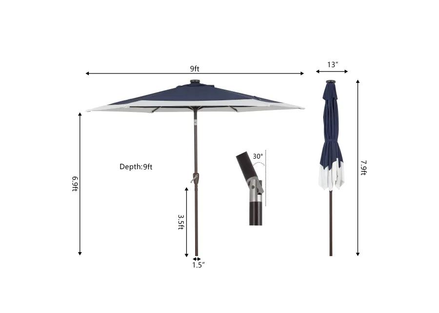 Spencer Classic Coastal 2-Tone Solar LED Market Patio Umbrella with 12 LED Strip Lights, Auto-Tilt, Crank and UV Protection